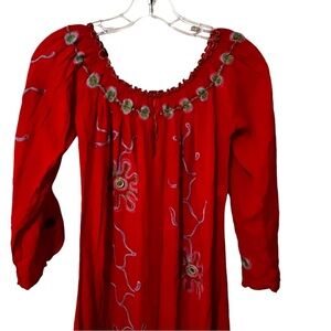 Poupette St Barth Off The Shoulder embroidered whimsical daisy flower M Red
